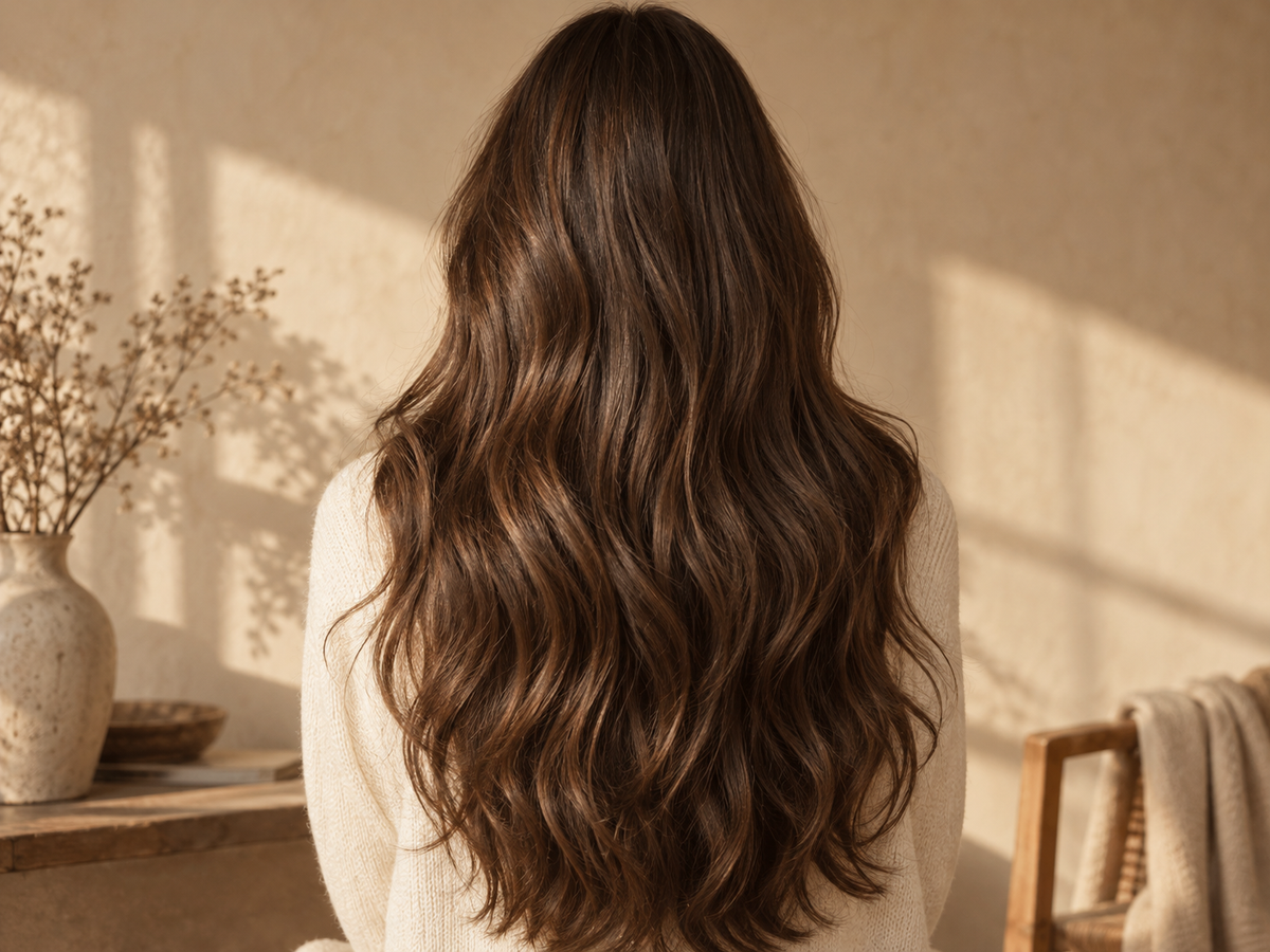 Rückansicht mit langen, voluminösen braunen Haaren im warmen Licht; kein Gesicht sichtbar